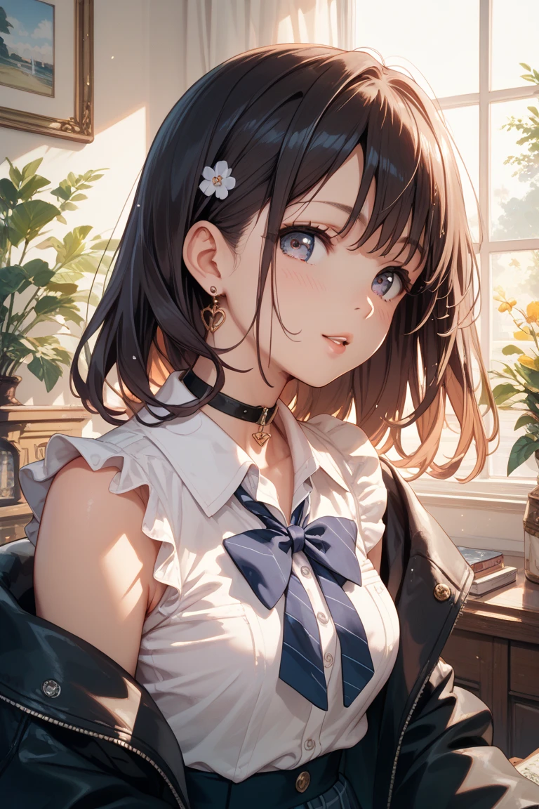 High quality, masterpiece, very high resolution, large size, 4K quality, high quality skin, high quality eyes, full color, digital painting illustration, 1 girl, solo, (pretty girl), 16 years old, 160cm, large medium breasted, (light brown hair), (ponytail and yellow ribbon blowing in the wind), (shiny blue eyes), (school uniform and sweater vest), cowboy shot, classroom, window, petals fluttering in the wind, (beautiful sparkles in detail) ), light particles, film reflection