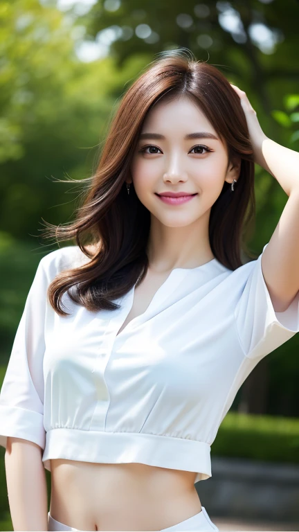 (Masterpiece:1.3), (8k, Photorealistic, RAW Photography, Best Quality: 1.4), soft light, professional lighting, 1girl, very beautiful girl, neat and clean beauty, close-up of her face, smile, Brown Medium hair, blouse