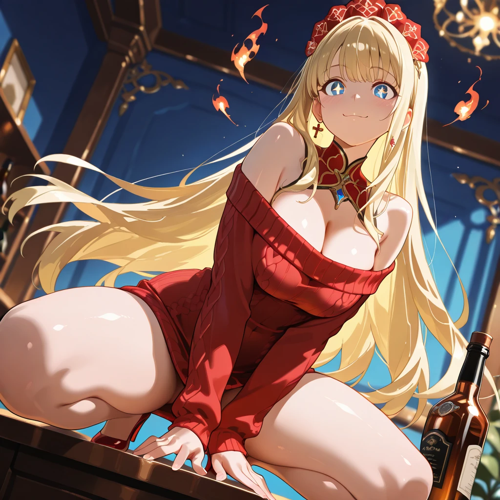 score_9,score_8_up,score_7_up,18 year old,1girl,asuna \(sao-alo\), sword art online,yuuki asuna,solo, brown eyes, brown hair, long hair, bangs, braid,sitting, holding cup,seductive-smile,large breasts,brown hair,parted hair,long hair,red dress,halter dress,plunging neckline,center opening,cleavage,navel,earrings,bracelet,restaurant,