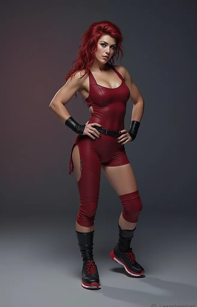 A female wrestler with red hair and fair complexion, in a wrestling ring, (best quality,4k,8k,highres,masterpiece:1.2),ultra-detailed,(realistic,photorealistic,photo-realistic:1.37),extremely detailed eyes and face,longeyelashes,muscular body,athletic,dynamic pose,sweat,wrestling outfit,wrestling ring,ropes,spectators,dramatic lighting,vibrant colors