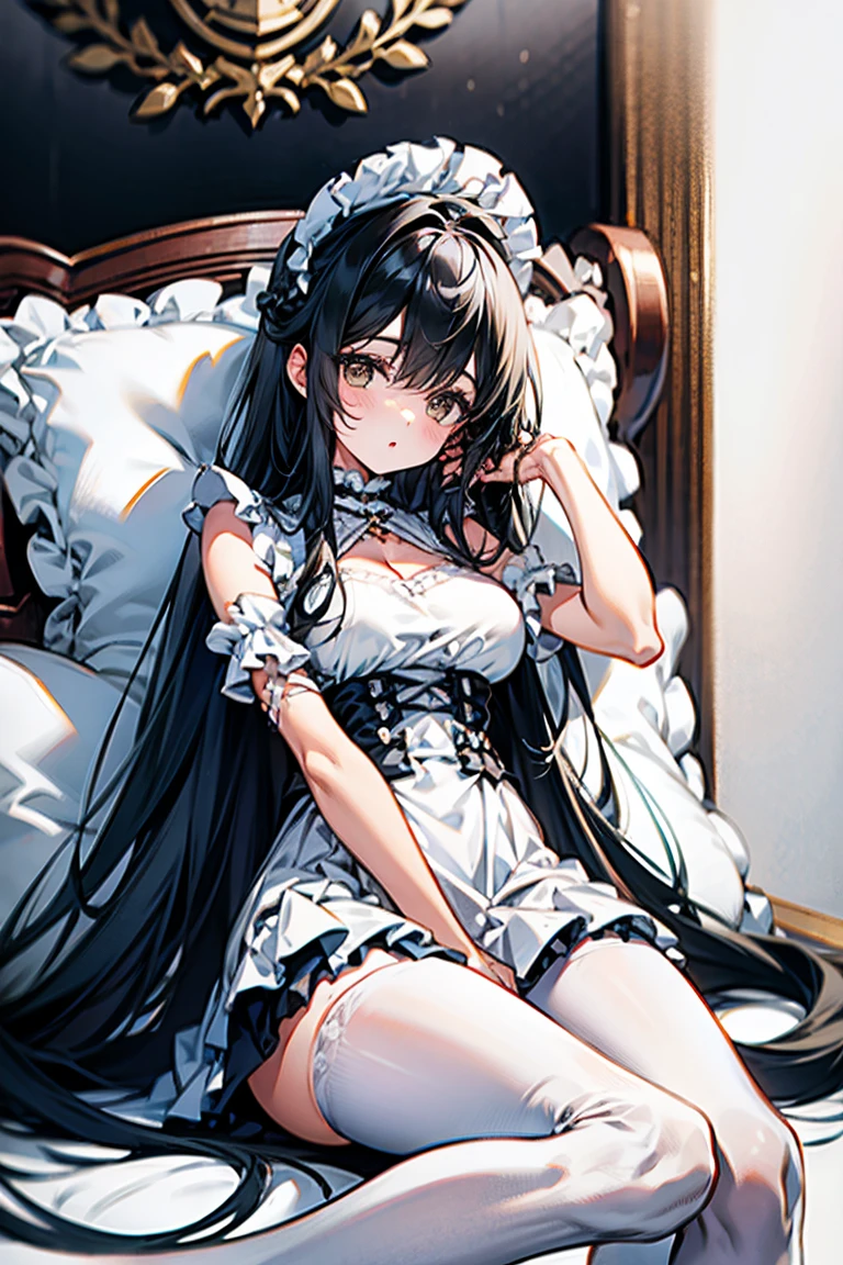 ((masterpiece, best quality)), Delicate face,Maid,whole body,dark skin,Long legs,Large Breasts,Gradient long wavy hair,Perfect body proportions,Pretty golden eyes,Extremely beautiful,transparent, Pure white background,Lying down,Erotic_lingerie,sexly_比基尼,Lace,Garter stockings