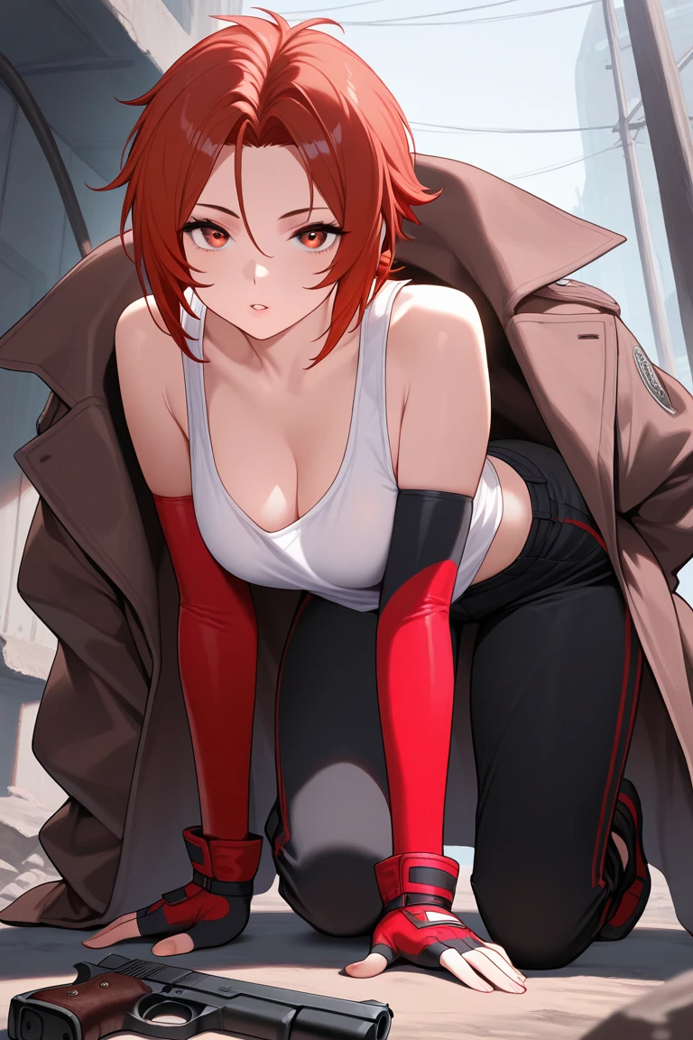 brigitte overwatch , thighs, full body, black high heels, nude tits, sitting, red jeans pants, wide hips