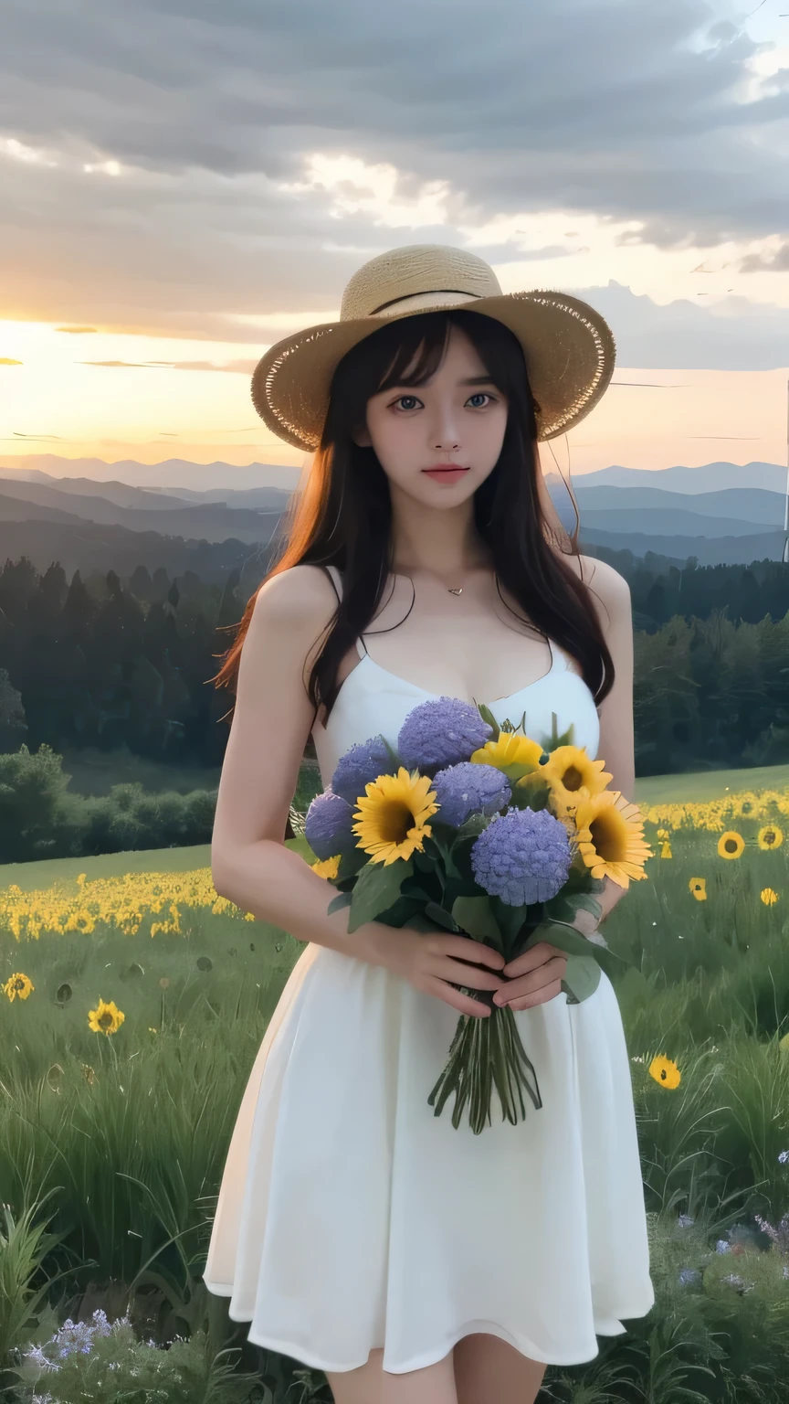 Smooth Quality, 1girl, solo, light smile, basket, blonde hair, blue sky, boots, bouquet, cloud, cloudy sky, daisy, dandelion, day, field, flower, flower field, flower pot, garden, gloves, grass, hat, hill, holding bouquet, holding flower, hydrangea, long hair, mountain, mountainous horizon, orange flower, outdoors, pink flower, plant, potted plant, purple flower, rose, scenery, sky, straw hat, sun hat, sunflower, sunset, tulip, windmill, wooden fence, yellow flower, yellow rose, cowboy shot,