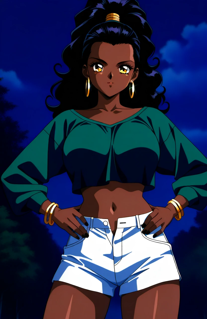 one woman, full body, black woman from an 90s anime, 90s anime fog, static like from an 90s anime, 1990s \(style\), short afro hair, black afro, curly black hair, serious smile, mouth closed, mysterious, brown skin, action anime, bandana headband, disco outfit, white halter top, cleavage, disco girl outfit, african woman, dark skin, gold bracelets, hoop earrings, bottomless, no panties, no pants, pubic hair