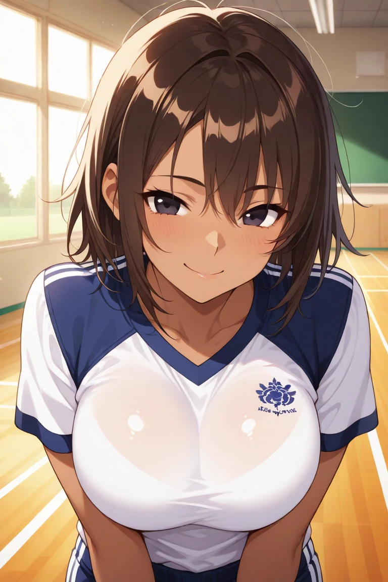(masterpiece:1.2, highest quality, ultra high resolution, super detailed), (realistic, photorealistic:1.4), beautiful illustrations, (natural side lighting, movie lighting), Depth of the bounds written, fine cloth texture,
looking at the viewer, bust photo, 1 girl, high school girl, perfect face, (perfect anatomy), Cute symmetrical face, baby face, shiny skin, tanned skin,
(middle hair:1.5, ponytail:1.4, messy hair, brown hair), hair between eyes, dark blue eyes, big, droopy eyes, long eyelash, (medium breasts:1.1),
beautiful hair, beautiful face, detailed and beautiful eyes, beautiful clavicle, beautiful body, beautiful breasts, beautiful thighs, beautiful feet, beautiful fingers,
(fine cloth texture, navy truck uniform:1.2, abdomen:1.1),
(beautiful scenery), Summer day, evening, (athletics stadium) (running form:1.3), (smile), Nipples are visible、Completely naked