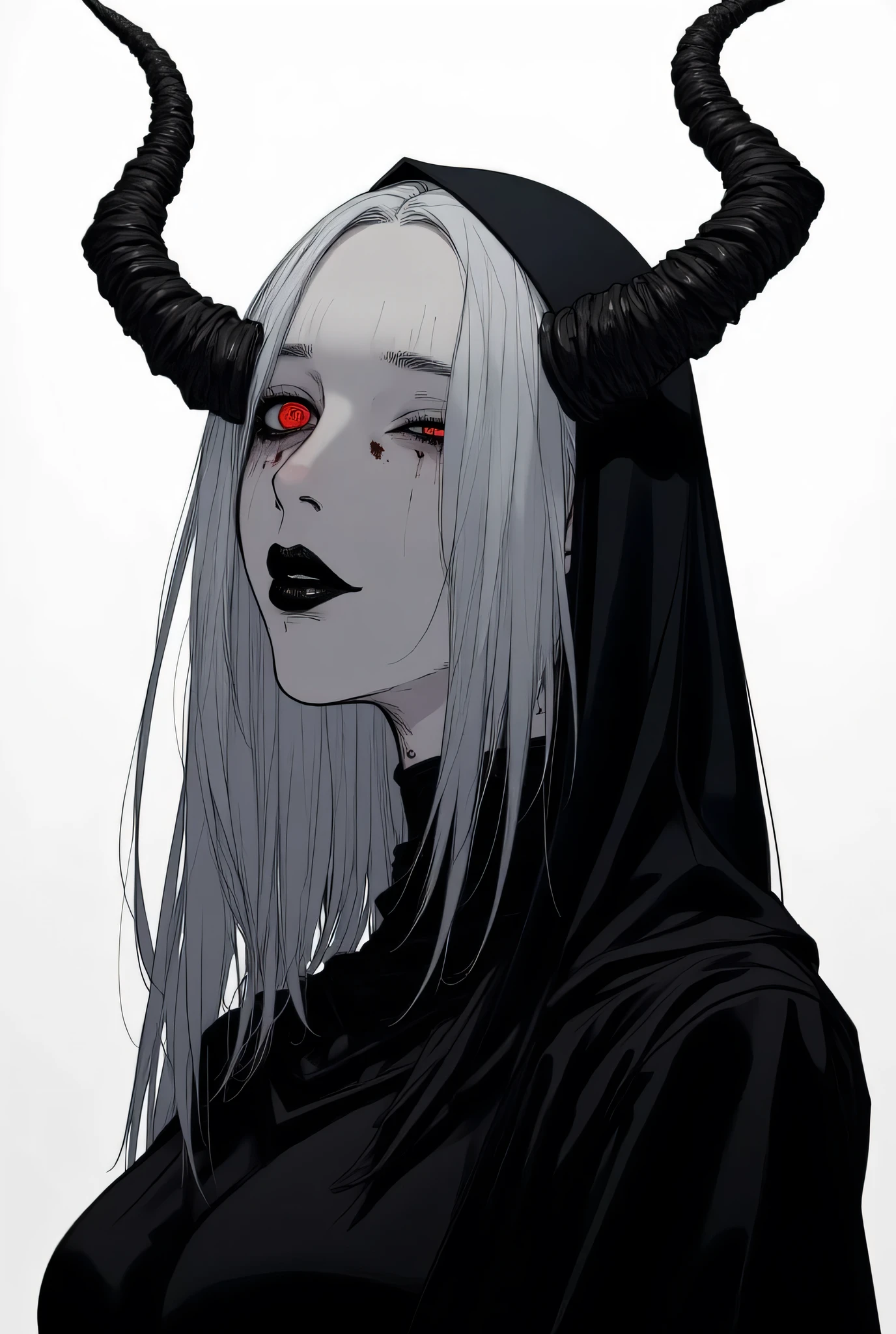 The female demon stands tall,menacing, Exudes an aura of hatred and malice. Her clothes were black and torn, Her eyes flashed a disturbing crimson. She represents everything contrary to unity and positivity