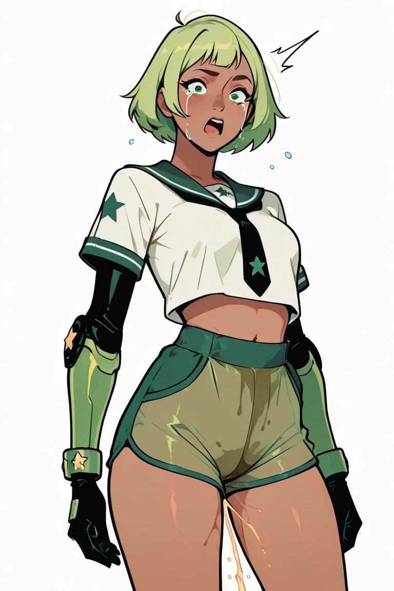 25 year old woman. very toned body. tanned skin. blonde. bright green eyes. mohawk haircut. dressed in workout rash guard. slightly sweaty. opening the door with a smile.