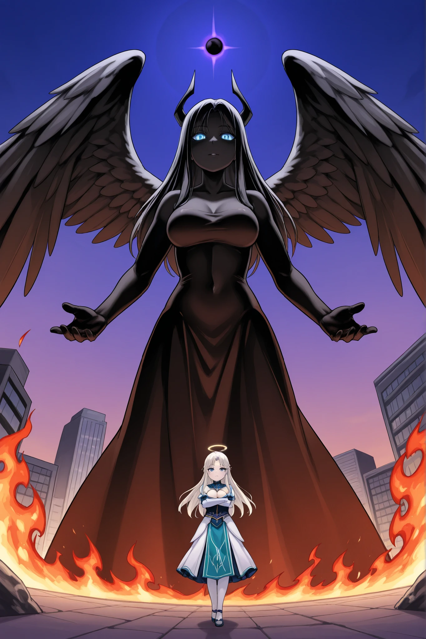 A towering, ominous figure, the Angel of Darkness, stands poised, with the world cradled in their hands, as if holding a delicate, fragile orb. Their dark, feathered wings stretch wide, casting a foreboding shadow. The Angel's face is a picture of serene intensity, with piercing, ember-like eyes that seem to burn with an inner fire. Their skin is a radiant, porcelain doll-like complexion, with subtle, almost imperceptible cracks and fissures, as if their beauty is tempered by the weight of their darkness. In the background, a cityscape burns, with flames and smoke billowing into the night sky, as if the very fabric of reality is unraveling. The atmosphere is heavy with tension, as if the viewer is witnessing the precipice of an epic battle. A lone figure, a hero, stands defiantly in the foreground, their determination etched on their face, as they clutch a sword, ready to face the darkness head-on.