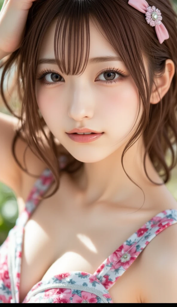 (masterpiece:1.2, Highest quality), (Realistic, photoRealistic:1.4), Beautiful illustrations, (Natural Side Lighting, Cinema Lighting), Browsing Caution, 
View Viewer, (Bust up shot)、Front view:0.8, 1 girl, Japanese, high school girl, Perfect Face, Cute and symmetrical face, Shiny skin、
(Semi-short cut hair, Side Lock, Light pink hair), Parted bangs, Emerald green eyes, Long Eyelashes, (Big Breasts:0.8), 
Beautiful Hair, Beautiful Face, Beautiful fine details, Beautiful clavicle, Beautiful body, Beautiful breasts, Beautiful fingers, Beautiful nipples、Beautiful armpits、Beautiful, perfectly aligned teeth、
((A cat suit with attention to detail、(Pastel yellow floral lace panties、Mini checkered pleated skirt、Black garter stockings)、Shyness、Show me your side、Spread your legs、(Open your mouth:1.3)、Red bow tie、Earrings、(topless:1.2)))、
(Outdoor、Stained glass、church)、  (Troubled face、Upward glance), (The skin is moist and wet:1.2)、(Semen is on it:1.6)、