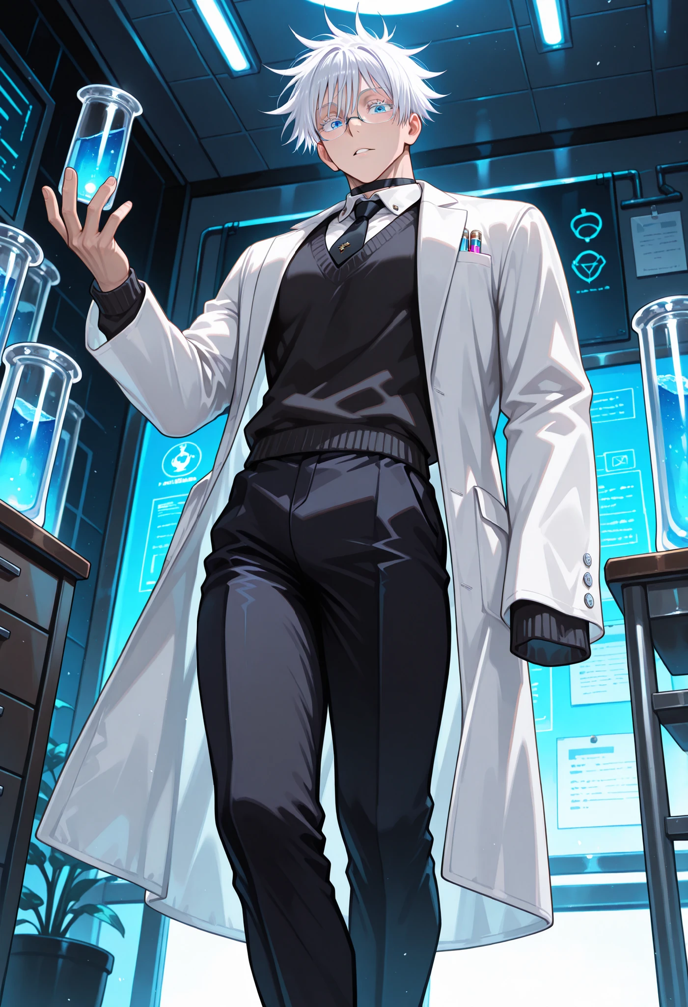 1 man, ((male focus)), Gojo Satoru, Jujutsu Kaisen, white hair, white short hair, blue eyes, colored eyelashes, sexy man, handsome, muscular, trained body , glasses , professor , scientist , 8K CG wallpaper, very fine 8KCG wallpapers, black choker, shirt, sweater, sleeves past wrists, black pantyhose, black necktie, sleeves past fingers, labcoat, short necktie, test tube, white footwear, accessory, jewelry, decorations stands in a laboratory, holds up a reagent glass in her hand, looks at the reagent glass, looking at the object, (masterpiece, best quality), amazing quality, very aesthetic, absurdres, newest, HDR, 8K, extremely detailed face and eyes, cinematic, professional lighting, backlighting, low angle shot, medium full shot,