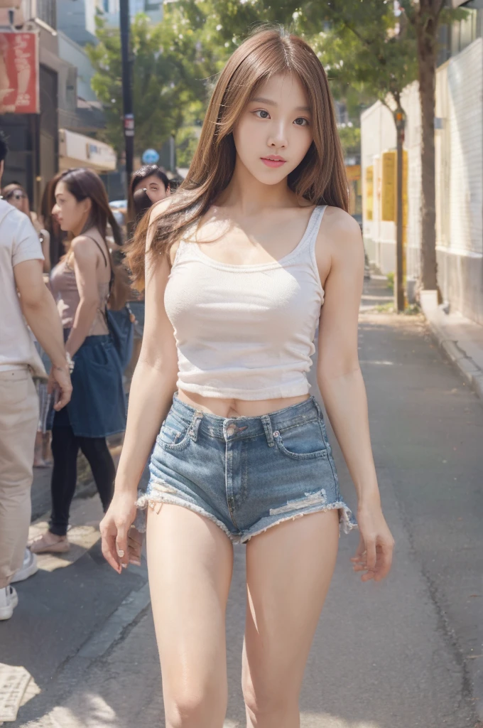 1 girl, (Blue eyes), (excited: 1.2), (Sana Minatozaki), (beautiful makeup: 1.2), , toned legs, shiny body, (Best quality, 8k, Masterpiece: 1.3), Clear focus: 1.2, Perfect body beauty: 1.4, strong abs, highly detailed skin and face texture, detailed eyes, double eyelids, (blonde, long, straight hair: 1.3), (black tube top: 1.2), (tight boobs: 1.2), (miniskirt), standing, dynamic pose, on the streets at night, Gabby Stallone