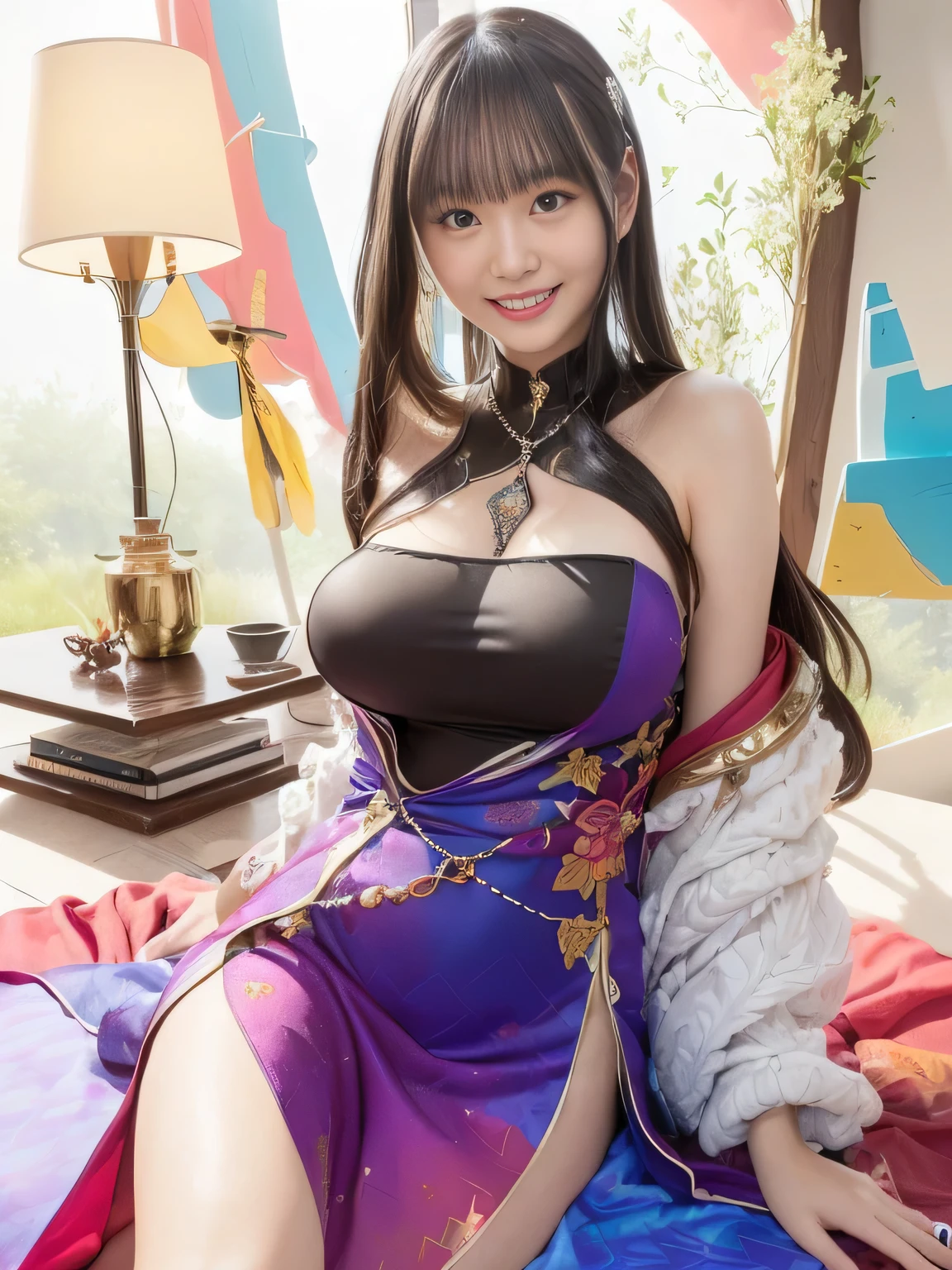 1 beautiful girl in Han costume, thin purple silk shirt with white color with many textures, white lace top, long platinum purple ponytail, Hair Jewelry, ear jewelry, light purple rabbit ears, necklace and necklace, meticulously drawn large purple eyes, meticulous makeup, Thin eyebrows, High Nose, lovely red lips, ((The best smile))、wide breasts, Big breasts , well-proportioned bust, Slim waist, purple mesh socks, chinese hanfu style, fictitious art textures, vivid and realistic colors, ((RAW Photos)), ((Realistic Photos)), (((Ultra-high quality 8K))), (effective fantasy light effect: 1.8), ultradetailed eyes, girl body portrait, ancient hanfu background,
