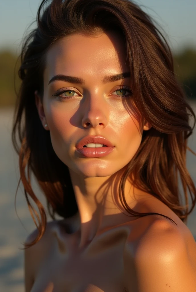 Tall woman 1.80 m in height,  bronzed brown body , , Model body, green eyes, full mouth and full lips, brown hair with reflections, realistic portrait, 8k, mestre, photorealistic, studio lighting, vivid colors,  ultra fine details , ultra detailed painting, physical representation, professional, natural scenery, warm sunlight, soft shadows, warm tones, vibrant skin, intense look, expression of confidence. Show skin imperfections such as fine expression lines and small freckles.