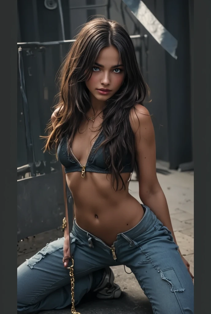 adorable, beautiful, caucasian girl, Fit, (sporty:1.2), 18, abs, Slender, sslim, long brown balck hair, blue eyes, seductive, breath-taking, flawless, perfect, Nice, adorable, Pretty, sensual, (frightened), Full body, (dressed in torn and dirty clothing), open zipper, very tight pants, (bound and chained), locked in a cage, In a prison, (dirty), masterpiece, 8k, highly detailed, SLR lighting, SLR camera, Ultra quality, Sharpness, depth of field, film grain (Center), Fujifilm XT3, Crystal clear, frame Center, Nice face, keen focus, detailed skin pores, tiny waist, Trizeps, detailed (Textures!, balck hair!, shine, colour!!), kneel on the floor, crying