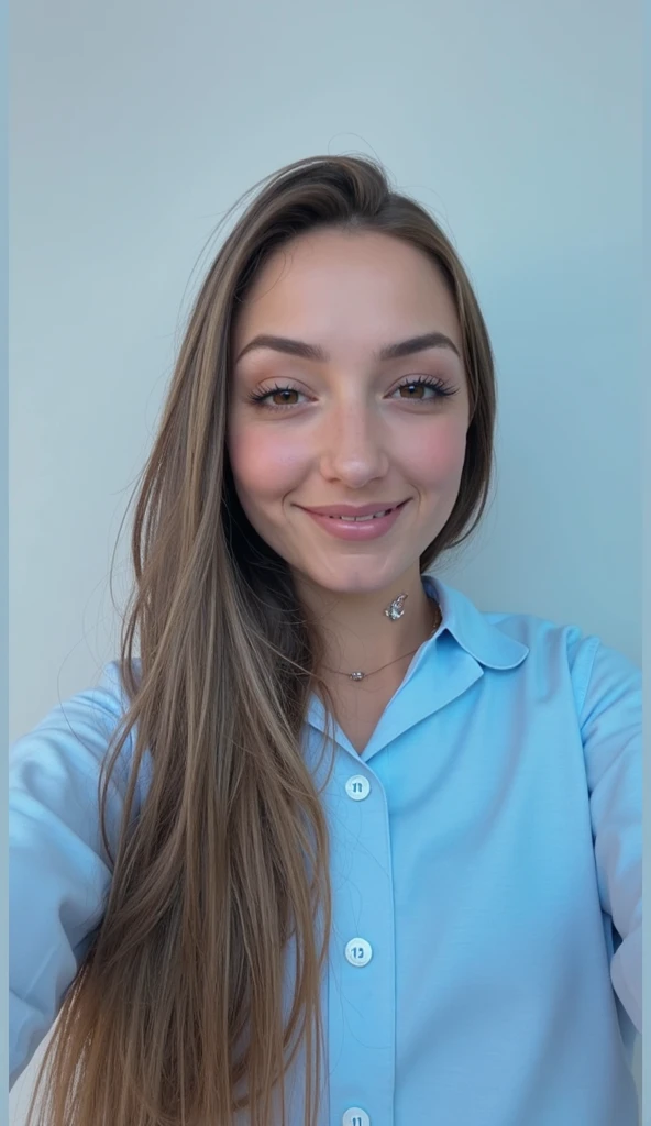 white woman about 18 years old, long straight light brown hair, pechos grandes, vistiendo un polo de manga corta de color blanco y una falda muy corta plisada gris. front view looking at viewer smiling inside a room