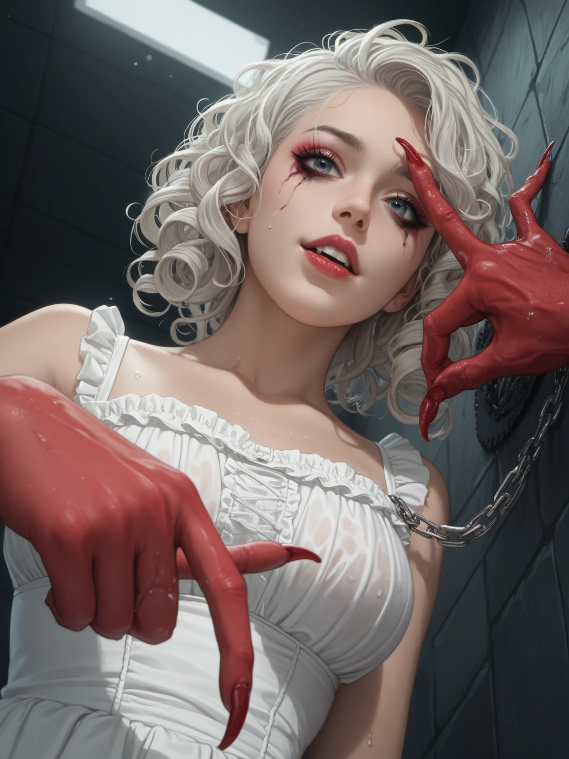 1girl, humanoid, dismembered body, multiple hands, open mouth, spikes, looking at the viewer, lie, blood, tentacles, monster, trauma, blood on the face, realistic, death, corpse, dirty, interior, garbage, first-person scene, first-person, horror