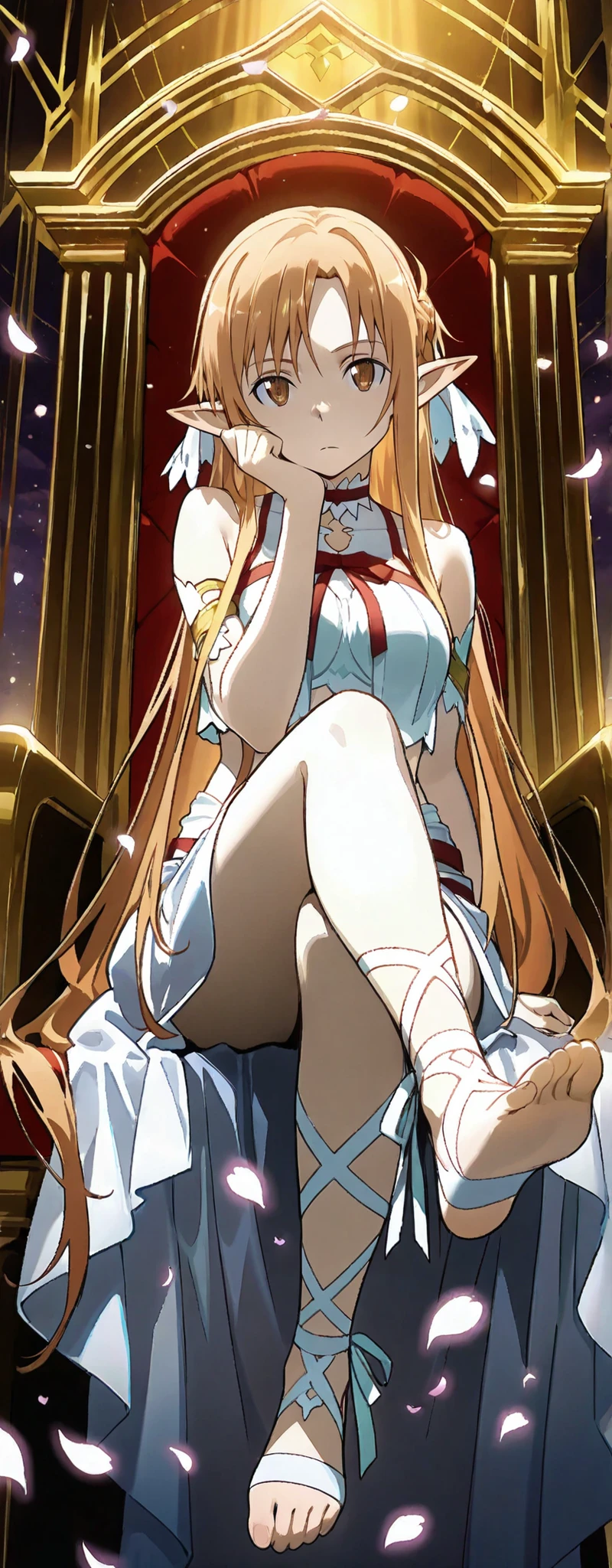 (masterpiece, best quality, official art, dramatic lighting), BREAK 
1girl, solo,  
[Asuna (Sword Art Online) | Alfheim Online captive version],  
Titania (elf), long messy brown hair, brown eyes, (detailed eyes:1.3), (high definition eyes), sharp eyes outline ,pale skin, pointed ears, (ears cover), 
sleeveless crop top with gold trims, translucent shoulder drapes, wrap skirt with ruffles, floating red ribbons, leg warped ribbon, white ribbon, sitting on throne, crossed legs, (foot up:1.2), Head resting on hand pose, BREAK 
expressionless, restrained by magic, sorrowful expression, looking at veiwer,  BREAK
dim ethereal light, floating petals,  (full body), BREAK
world tree background, ominous atmosphere, BREAK   dark fantasy, cinematic composition, highly detailed emotional expression, BREAK  volumetric lighting, soft glow, high contrast between light and shadow, BREAK  intricate golden cage, magical barrier particles, BREAK   (low angle shot, from below)