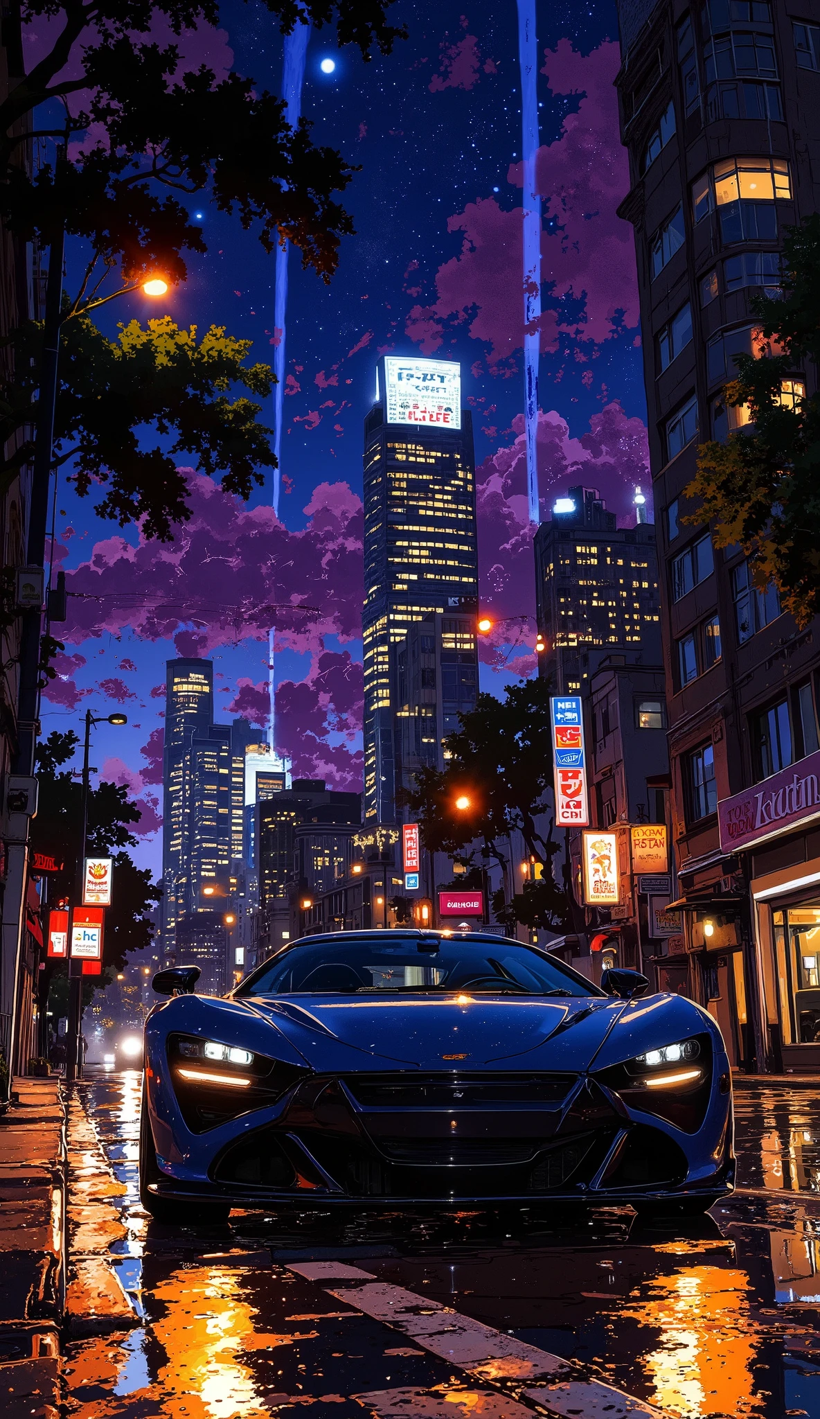 "A sleek McLaren 720S, painted in deep midnight blue with a shimmering metallic finish, glides through the empty streets of Los Angeles at 2 AM. The city's neon signs cast electric hues of purple, blue, and red onto the wet pavement, reflecting off the car’s sculpted body. The soft hum of the twin-turbo V8 echoes off the towering glass buildings. Light raindrops hit the windshield, blurring the city lights into an artistic, dreamlike haze. Inside, the driver, wearing racing gloves, grips the Alcantara-wrapped steering wheel, eyes focused on the road ahead as the car effortlessly carves through the silent metropolis."