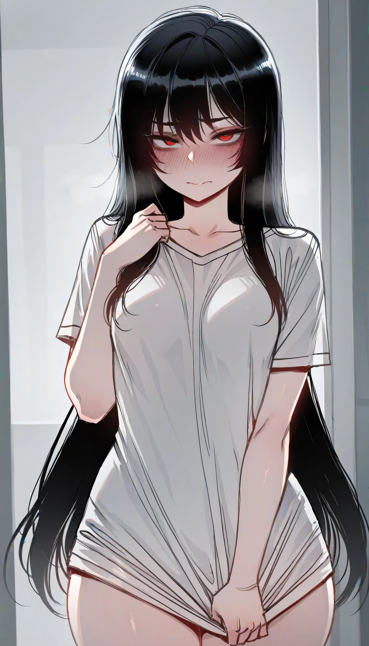 The girl, with long black hair and red eyes, was wearing underwear and panties, and was trying to cover it with a white towel, and her facial expression was annoyed and embarrassed.
