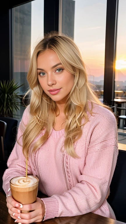 beautiful blonde wearing pink sweater (sipping wine inside a modern pub at sunset), very detailed, 21 years old, innocent face, natural wavy hair, blue eyes, high resolution, masterpiece, best quality, intricate details, highly detailed, sharp focus, detailed skin, realistic skin texture, texture, detailed eyes, professional, 4k, charming smile, shot on Canon, 85mm, shallow depth of field, kodak vision color, perfect fit body, extremely detailed, foto_\(ultra\), photorealistic, realistic, post-processing, maximum detail, roughness, real life, ultra realistic, photorealism, photography, 8k uhd, photography