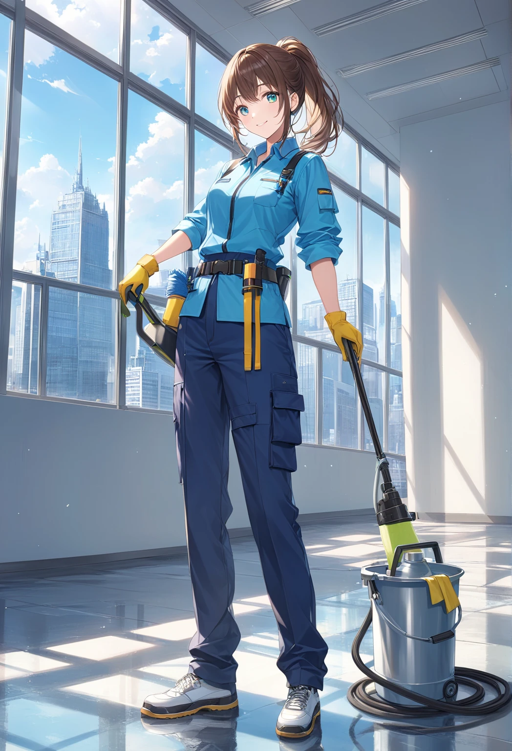 High resolution,high quality,(Perfect body),factory,factoryプラント,Thick Pipe,Many pipes,Wet ground,One Girl,Light blue workwear,Yellow Safety Helmet
