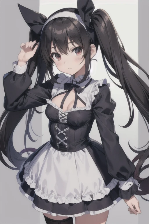 1girl animal_ears apron arm_behind_head arm_up ass_visible_through_thighs bangs black_dress black_hair black_ribbon blunt_bangs braid breasts breasts_out cleft_of_venus closed_mouth clothes_lift cowboy_shot dress dress_lift frilled_dress frills groin hair_ribbon lifted_by_self light_blush long_hair looking_at_viewer maid maid_apron maid_headdress medium_breasts neck_ribbon nipples no_bra no_panties puffy_short_sleeves puffy_sleeves pussy red_eyes ribbon short_sleeves simple_background solo thighs white_background yellow_ribbon