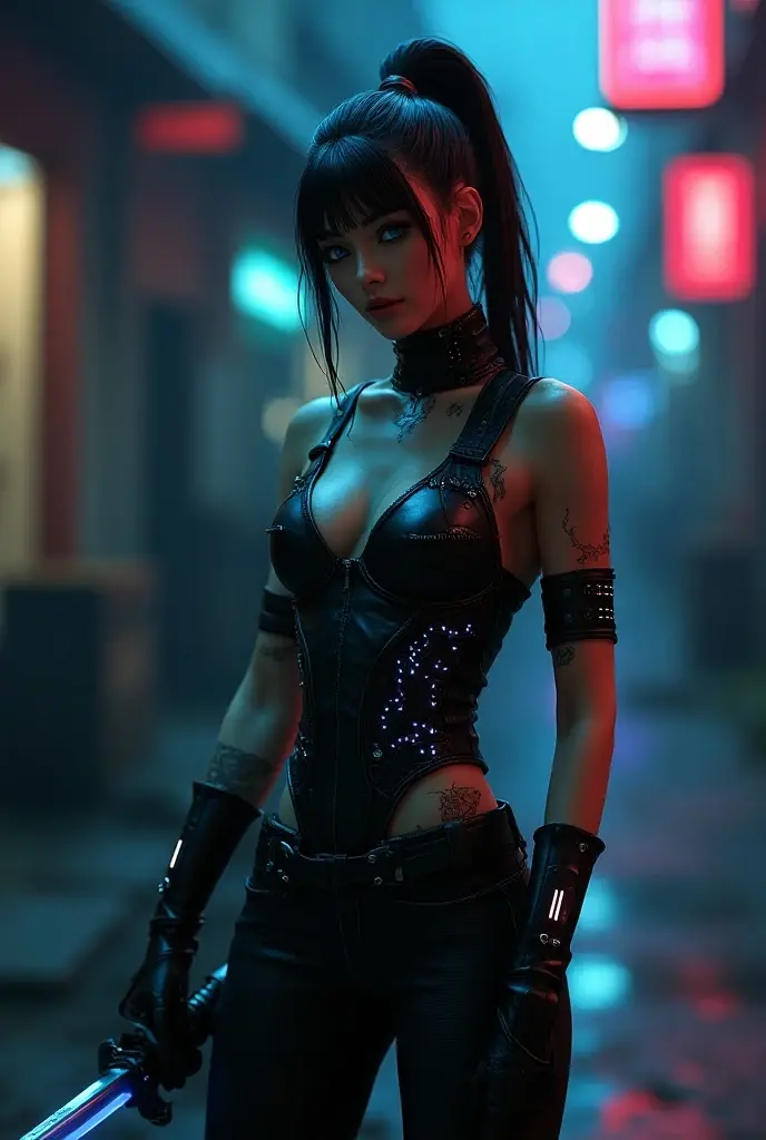 (best quality,4k,highres,masterpiece:1.2),ultra-detailed,realistic,sexy cyberpunk blue hair nerd girl in leather bikini,portraits,neon-lit,cityscape,glowing tattoos,laser guns,cybernetic enhancements,dystopian future,computer hacking skills,technological gadgets,dark alleyways,futuristic skyscrapers,defiant expression,fierce and confident attitude,multiple piercings,metallic accessories,vivid colors,ambient lighting,vibrant nightlife, big hips
