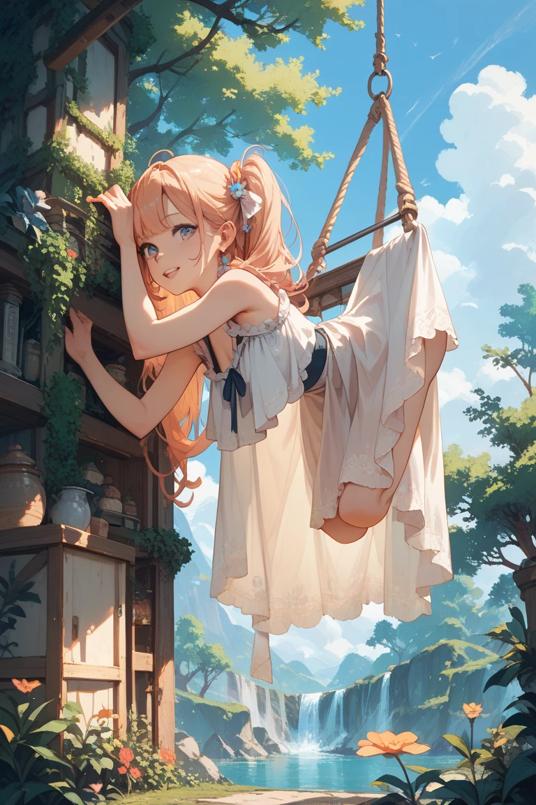 realisitic, 1Girl, Solo, Blonde hair, bondage, shibari, Heart-shaped pupils, Open mouth, blush, bound, handcuff, cuffs, chaining, chained, heaven, clouds, Sitting, Falling Petals, petals, White dress, High Angle, twintail, bow, See-through dress, s whole body,