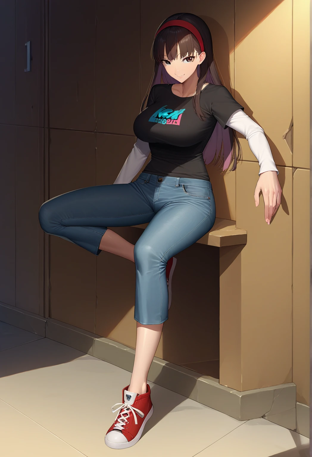 anime girl with a long hair, female anime character, highly detailed exquisite fanart, high quality fanart, high quality colored sketch, anime character, light puple clothes, black long pants, purple pattren in pants, purple shoes, standing, brown hair