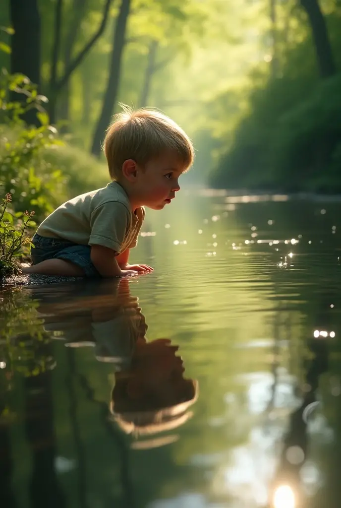 A 12 years cenamatic boy is picking flowers from a pond