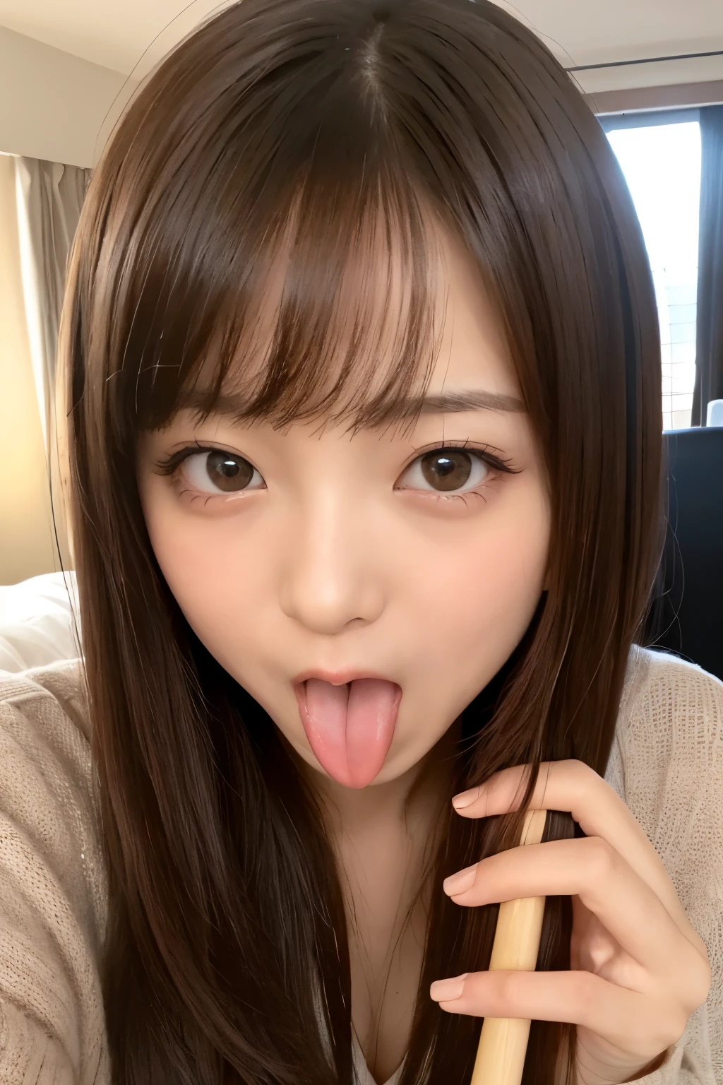 （detailed）、pov deepthroat((penis（perfect、big）))、 1 female（sit）　、1 Male　stand　