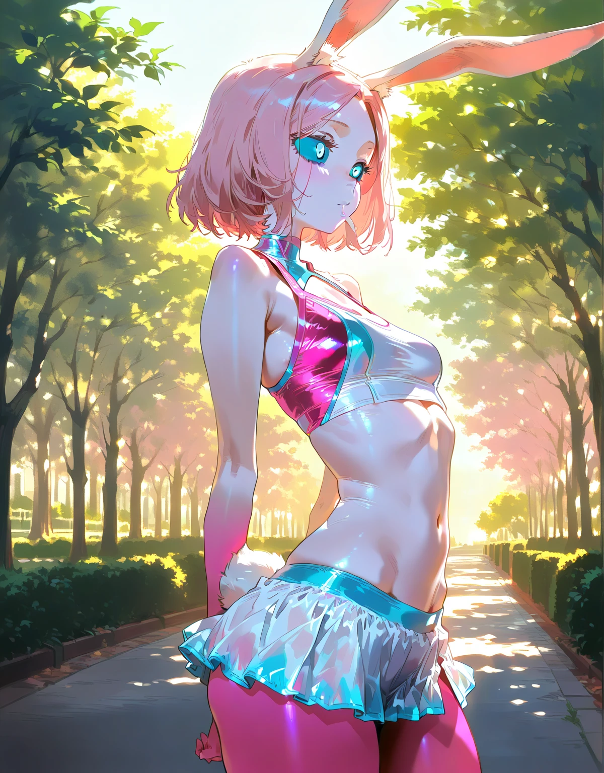 (masterpiece, best quality:1.4), Young blonde beauty, (((18 years old, neat girl))), detailed blue eyes, long eyelashes, blush, kind smile, horny, upper body, bikini top, small ass, round ass, pink skirt, (looking at viewer), beautiful blonde hair, white-skinned, (bangs:1.3), ponytail, (medium size breasts), (mushroom forest, celestial forest, beautiful and magnificent pink sunshine, majestic sky), natural light, pastel colors