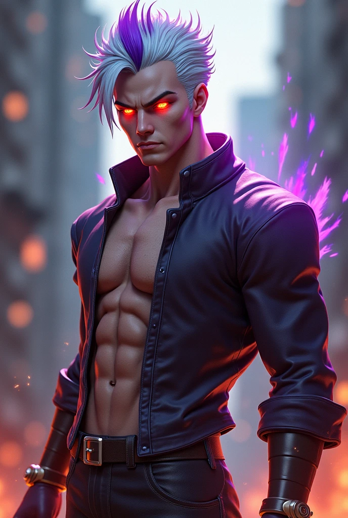 Male. Attractive Zombie. Glowing Gray eyes. Muscled. Brown hair. Short, spikey hairstyle. Dressed in casual clothing.