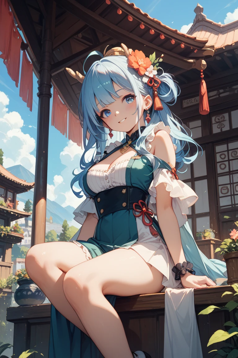 masutepiece, Best Quality, hight resolution,White twin tails,blue eyess,Original girls,Colossal tits,fullllbody,小柄,Black priestess uniform,Japanese dress,a miniskirt,Attractive thighs,in woods,cleavage of the breast,Lion's ears,Smiling,Lion's tail