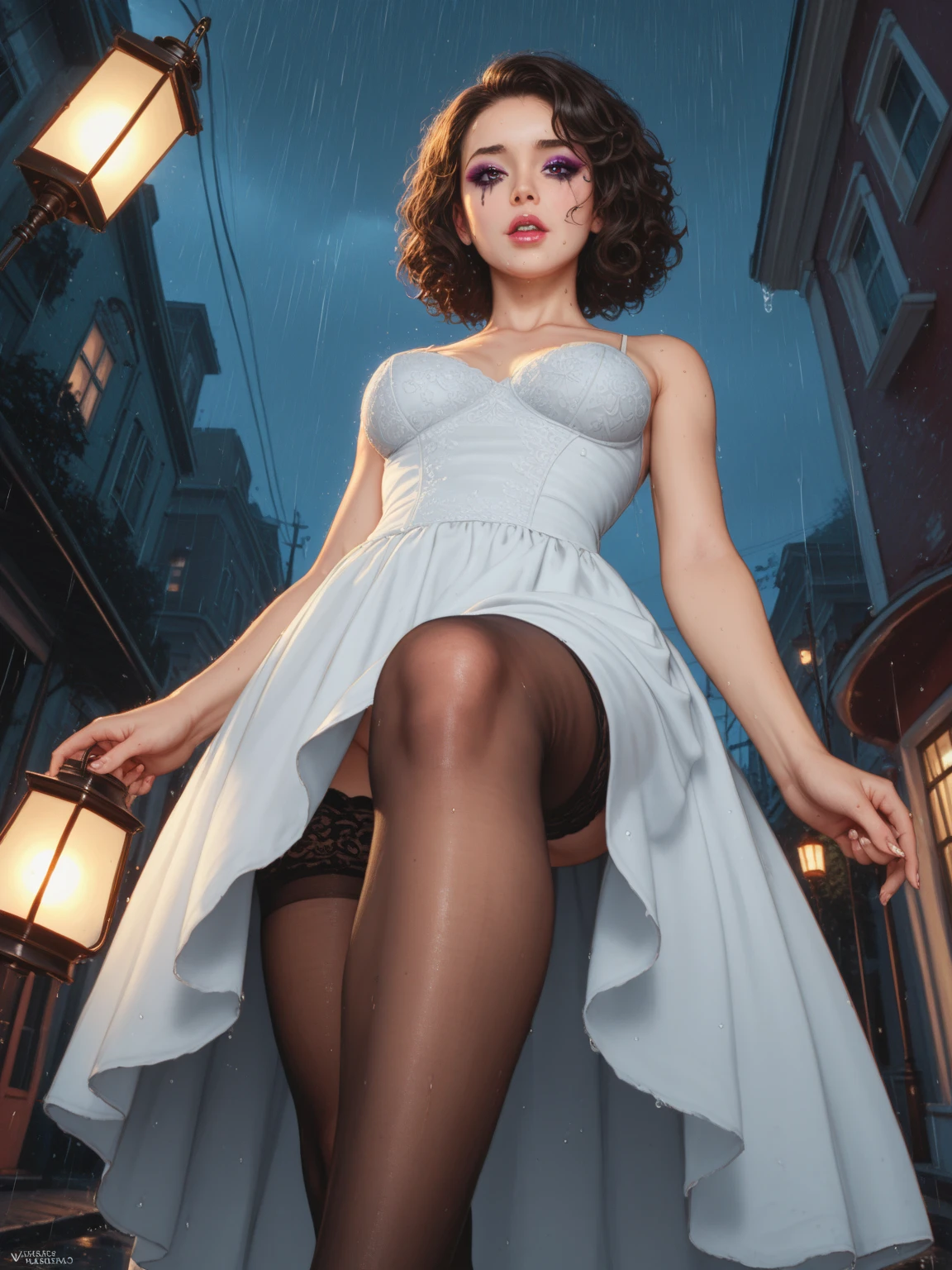 (drooping eyes, sleepy face, angle from below, realistic skin), (((bend her knees and lower her hips))), long thick braid, open legs, (casual-dress that clings to the body), outside, mountain, old small downtown, ((focus on pubic hair, groin)), (dark hour of dawn), narrow street,
