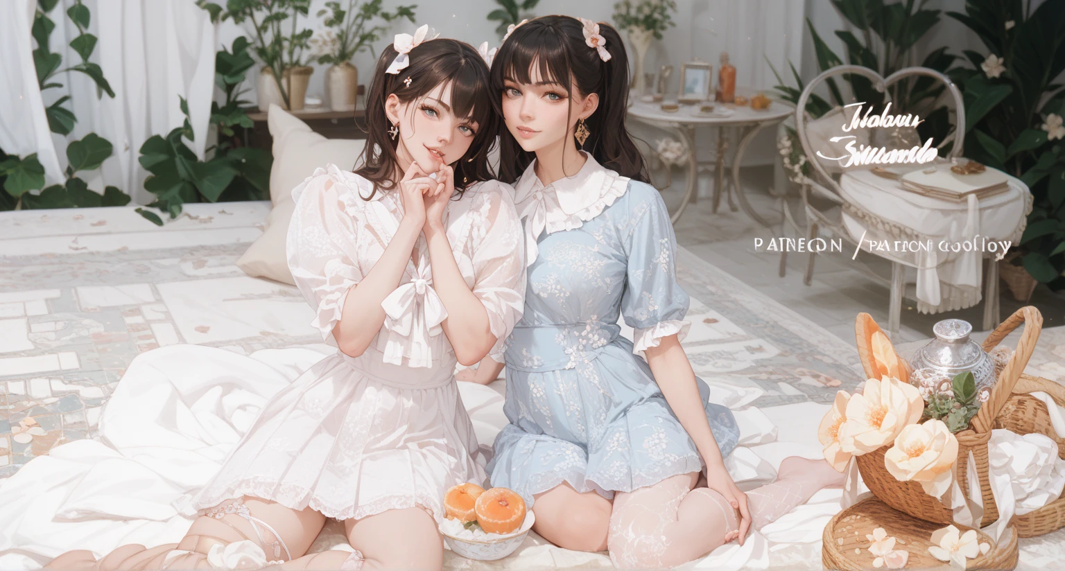 masterpiece, best quality,(8k, RAW photo, best quality, masterpiece:1.39), (realistic, photo-realistic:1.2), Kanna_Kamui, pink and white dress, white hair, gradient hair, bedroom background