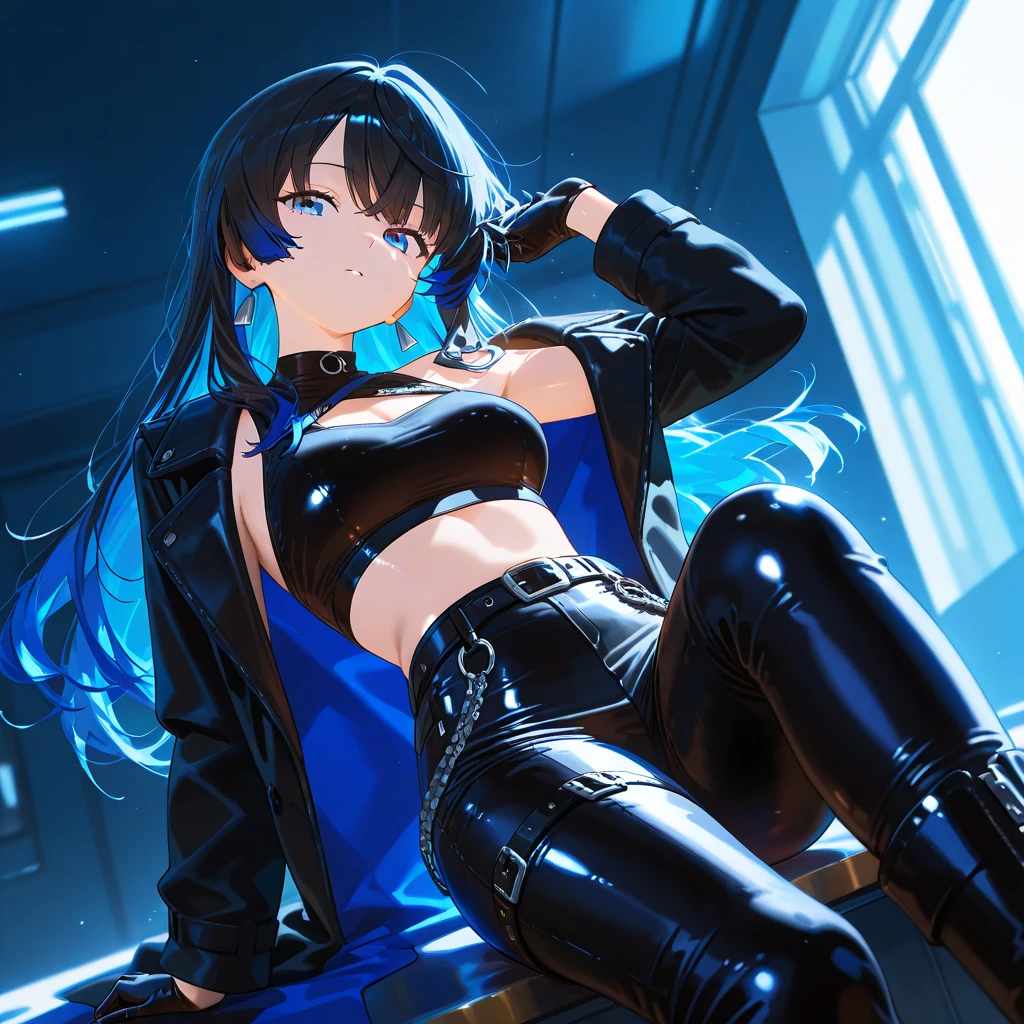 1girl, solo, long hair, breasts, looking at viewer, bangs, blue eyes, skirt, large breasts, thighhighs, long sleeves, navel, cleavage, hair between eyes, closed mouth, underwear, blue hair, standing, collarbone, panties, full body, ponytail, red hair, multicolored hair, boots, open clothes, shoes, choker, midriff, belt, black thighhighs, indoors, miniskirt, black skirt, stomach, black footwear, two-tone hair, streaked hair, coat, crop top, v-shaped eyebrows, thigh strap, ass visible through thighs, black choker, pantyshot, pencil skirt, black belt, open coat, black coat, taut clothes, tube top, with the word "Kali Linux" written on her outfit, servers and computers are visible in the background in a cyberpunk-style environment, featuring neon lights, futuristic buildings, and a high-tech urban atmosphere.