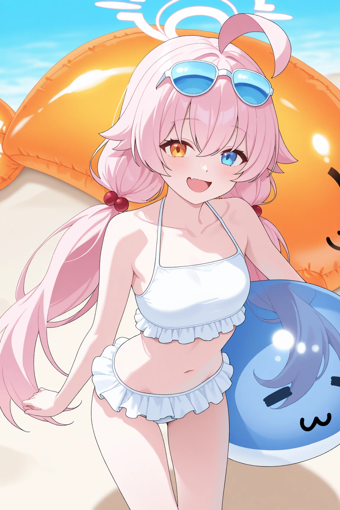 1Female、When I was reincarnated, I was a slime character()、masterpiece、superior quality、accurate、animesque、child Demon King、Aimei、beautiful blue eyes and detailed、Pink hair、two-tailed、Proud double tails, very short black bikini 、Average breasts、True to the original、((barefoot)), muscular belly, beautiful muscular legs, Thick legs, (Smile), on the beach in the hot sun, going on the attack