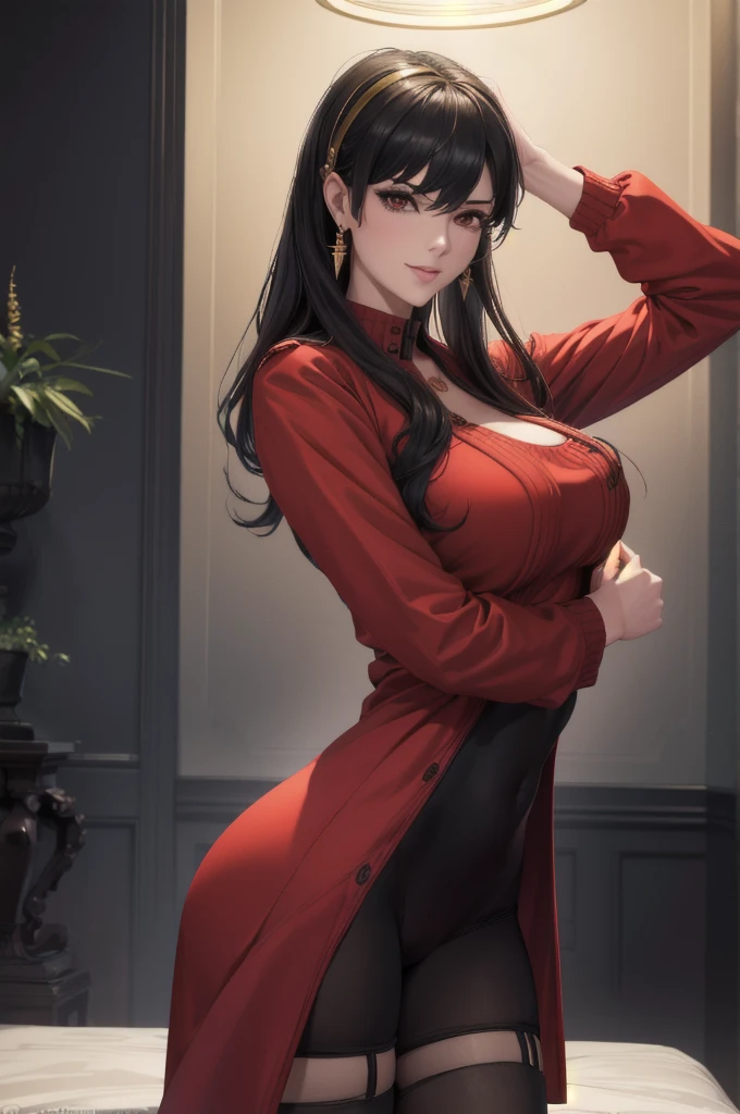 Reko is beautiful female anthropomorphic cat. She has brown eyes. She has long black hair with red roots. It has a beautiful brown tail with light spikes. She has a beautiful face with cat features as well as human traits and she has a brownish fur. She wears a sexy red suit. She is a large, very chic desk. Photorealistic style