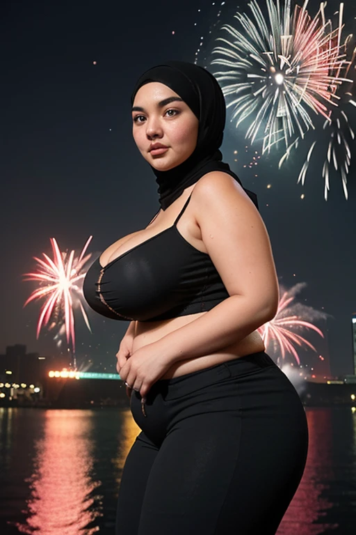 Zoom in to witness 3D numbers exploding like fireworks in a breathtaking New Year's display. Make this a mathematically mesmerizing celebration. enormous tits, (full body:1.5)