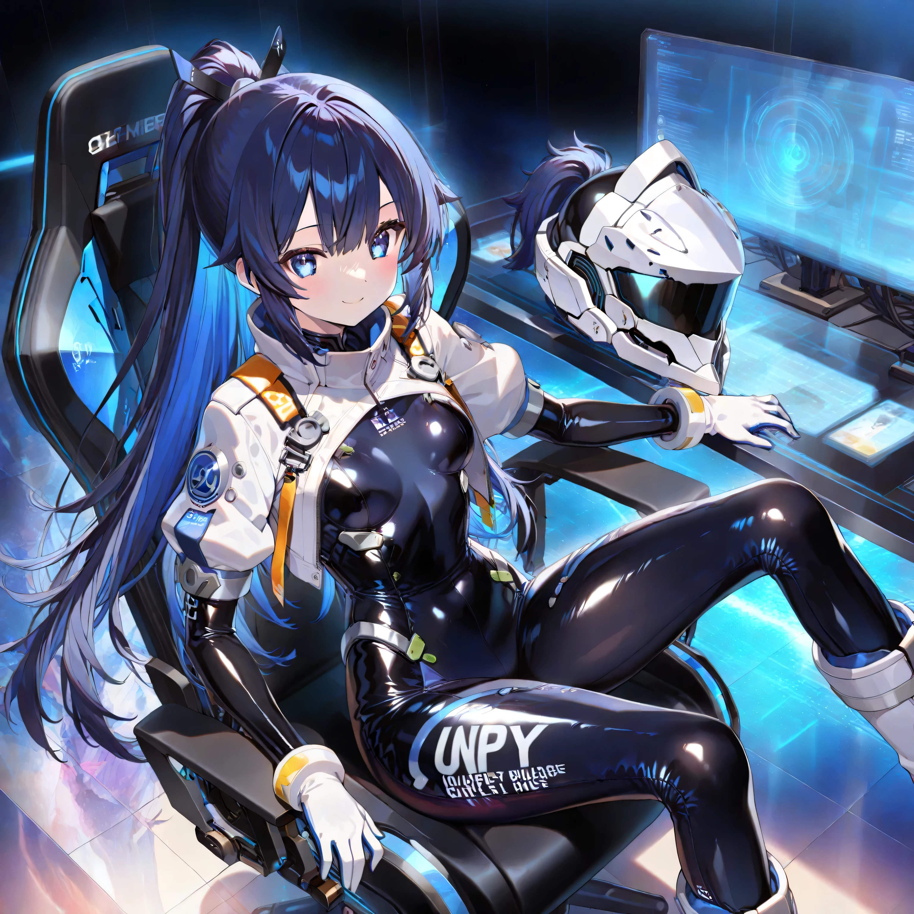 （Equestrian machine):1.3、乗馬マシーンにstraddle、straddle:1.3,Tubes and cables、holds the smartphone in her hand、(Interior of white cyberpunk futuristic space station)、1 girl、solo、full body painting、chest、Sweat、tears、heart-shaped pupil、Ahegao、Steamed body、(blue and black bodysuit):1.2、(Futuristic latex bodysuit space suit):1.1,headphone、V arm、(blush:1.3)