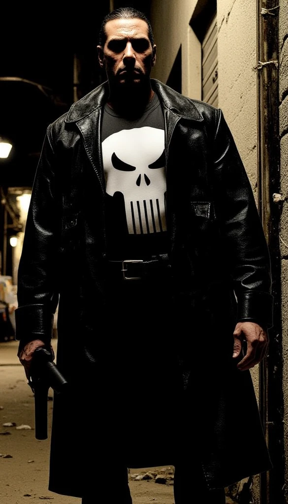 Create a photorealistic image of the male model in the attached photos, inspired by the Marvel character Punisher, meticulously and in detail recreating the look of the reference photos. The Punisher's tactical outfit, designed primarily for functionality, protection and discretion, with the skull serving as a tactical and intimidating symbol, but without compromising practicality in combat, predominantly black or dark tones and camouflage over the tactical outfit a worn black men's overcoat. High-performance combat shirt and tactical pants, made of durable, breathable and quick-drying technical fabrics, such as Cordura nylon blends with elastane for flexibility. Pants with reinforced knees and areas of high wear, as well as multiple functional pockets for equipment. Long-sleeved shirt for protection. Low-profile Modular Vest (MOLLE), the vest incorporates ballistic plates of an appropriate level to stop the types of threats he faces (common firearm projectiles). Reinforced tactical belt, high-dexterity tactical gloves, lightweight and durable tactical boots. Holsters and Magazine Pouches, the low-profile internal or external holsters designed for secure retention and quick access to your firearms. Modular magazine pouches that attach to your vest or belt. Lightweight lockpicking tools, a small set of discreet tools to open doors or locks if necessary. Weapons include M4 rifle, 1911 pistols, tactical knife.
Focus on capturing the realistic texture of fabrics, the subtle sheen of materials, and the interplay of light and shadow to create a sense of depth and three-dimensionality. Street photography style with
Analog camera. Emulating the photography of the 2022 film The Batman directed by Matt Reeves. The setting is a dark alley at night with yellowish lighting from streetlights, dumpsters in the alley, and some trash on the ground. Ensure that the model's expression and posture exude confidence and strength. The final image should be of the highest quality, with mi