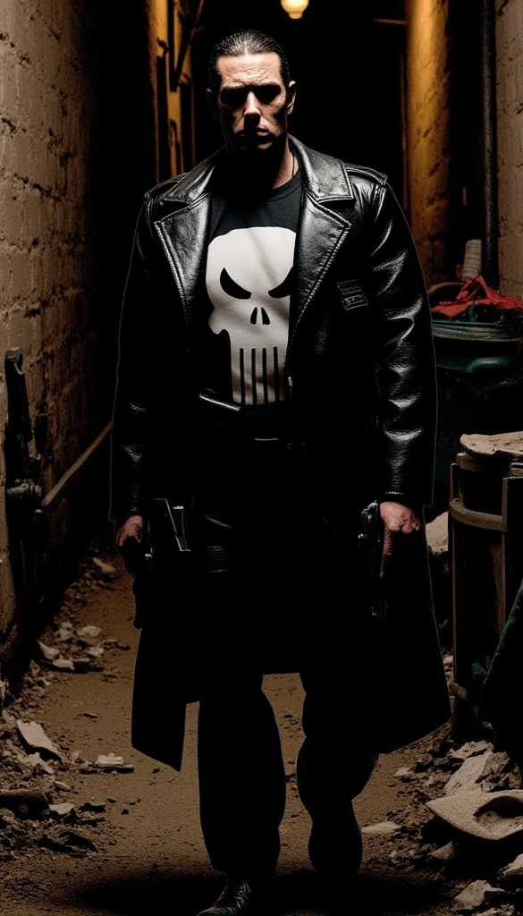 Create a photorealistic image of the male model in the attached photos, inspired by the Marvel character Punisher, meticulously and in detail recreating the look of the reference photos. The Punisher's tactical outfit, designed primarily for functionality, protection and discretion, with the skull serving as a tactical and intimidating symbol, but without compromising practicality in combat, predominantly black or dark tones and camouflage over the tactical outfit a worn black men's overcoat. High-performance combat shirt and tactical pants, made of durable, breathable and quick-drying technical fabrics, such as Cordura nylon blends with elastane for flexibility. Pants with reinforced knees and areas of high wear, as well as multiple functional pockets for equipment. Long-sleeved shirt for protection. Low-profile Modular Vest (MOLLE), the vest incorporates ballistic plates of an appropriate level to stop the types of threats he faces (common firearm projectiles). Reinforced tactical belt, high-dexterity tactical gloves, lightweight and durable tactical boots. Holsters and Magazine Pouches, the low-profile internal or external holsters designed for secure retention and quick access to your firearms. Modular magazine pouches that attach to your vest or belt. Lightweight lockpicking tools, a small set of discreet tools to open doors or locks if necessary. Weapons include M4 rifle, 1911 pistols, tactical knife.
Focus on capturing the realistic texture of fabrics, the subtle sheen of materials, and the interplay of light and shadow to create a sense of depth and three-dimensionality. Street photography style with
Analog camera. Emulating the photography of the 2022 film The Batman directed by Matt Reeves. The setting is a dark alley at night with yellowish lighting from streetlights, dumpsters in the alley, and some trash on the ground. Ensure that the model's expression and posture exude confidence and strength. The final image should be of the highest quality, with mi