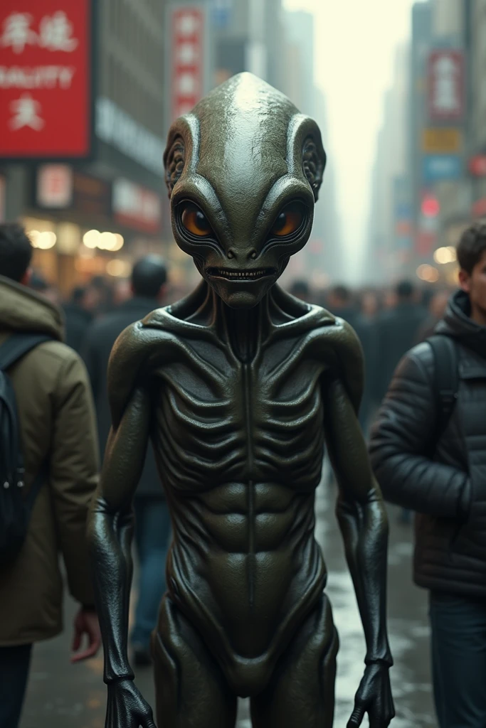 Gray alien hiding on street