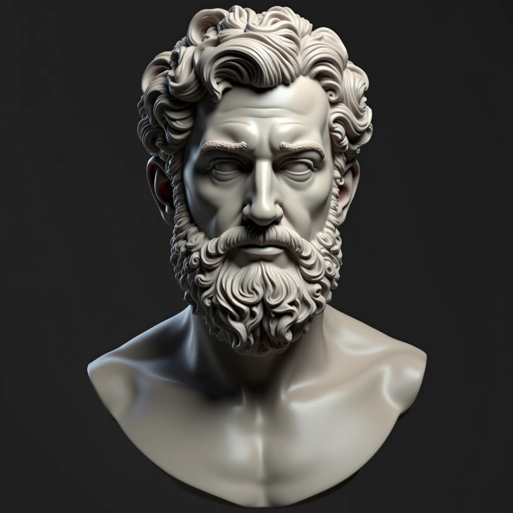 Greek philosophy statue with beard and muscles, cinemactic, 8k, fundo escuro, Detailed symmetrical realistic face, textura natural extremamente detalhada, peach fluff, short hair, master part, Absurdos, Foto premiada por Lee Jeffries, Nikon Film Stock D850 Fotografia, kodak portra 400 camera f1.6 lentes, extremamente detalhado, Amazing, detalhes finos, cores ricas, textura hiper realista, dramatic lighting, UnrealEngine, trending on ArtStation, cinestill 800 tungsten, Olhando para o Viewer, Realistic photo, foto raw , TanvirTamim, alta qualidade, high resolution, foco nítido, extremamente detalhado, Cinematic lighting, 8k UHD,