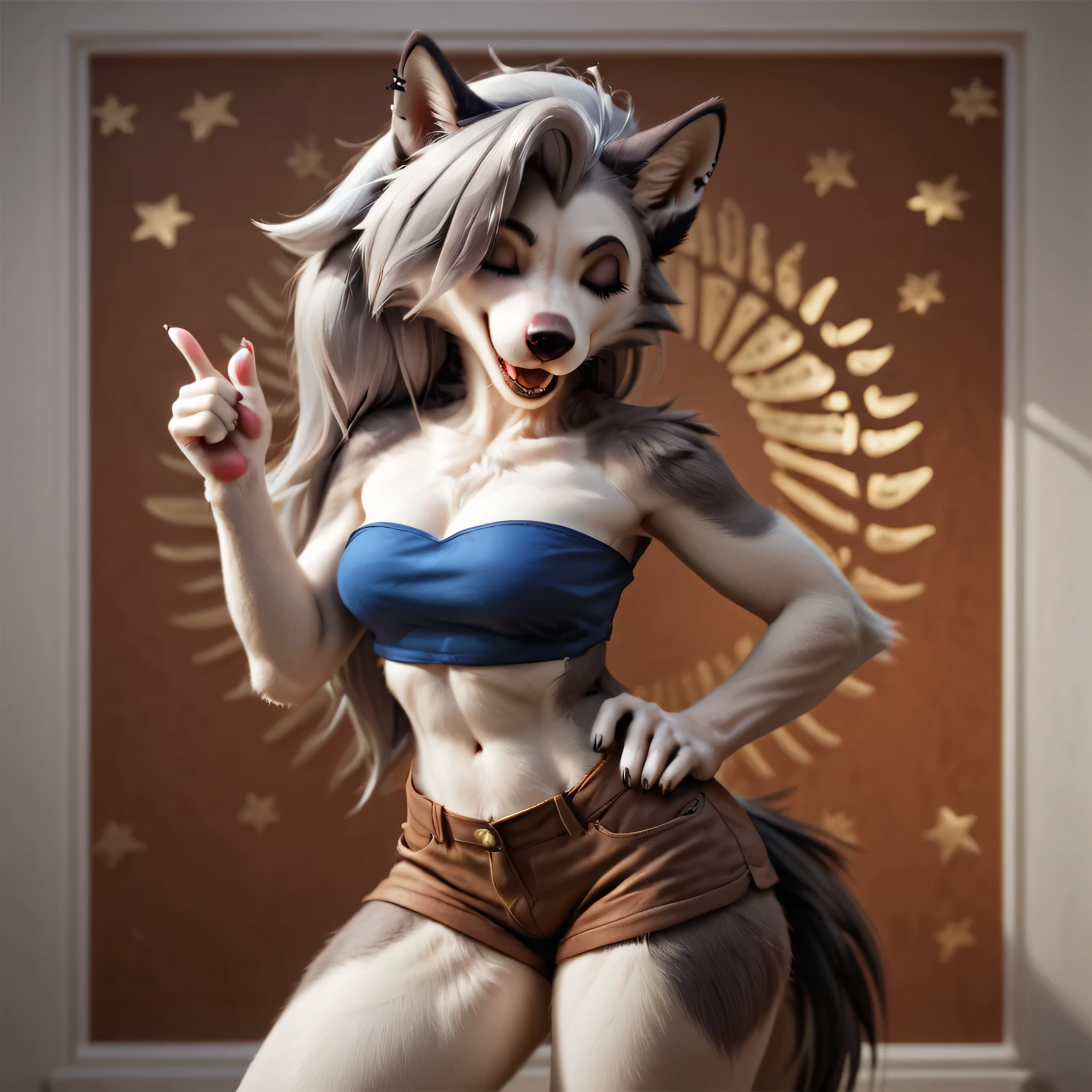 Solo, score_9,score_8_up,score_7_up, source_furry, Loona, furry female, tall body, adult female, closed eyes, hair covering one eye, standing up straight, big happy smile, giving you a thumbs up, other hand on hip, detailed background, wearing blue bandeau, brown short shorts,