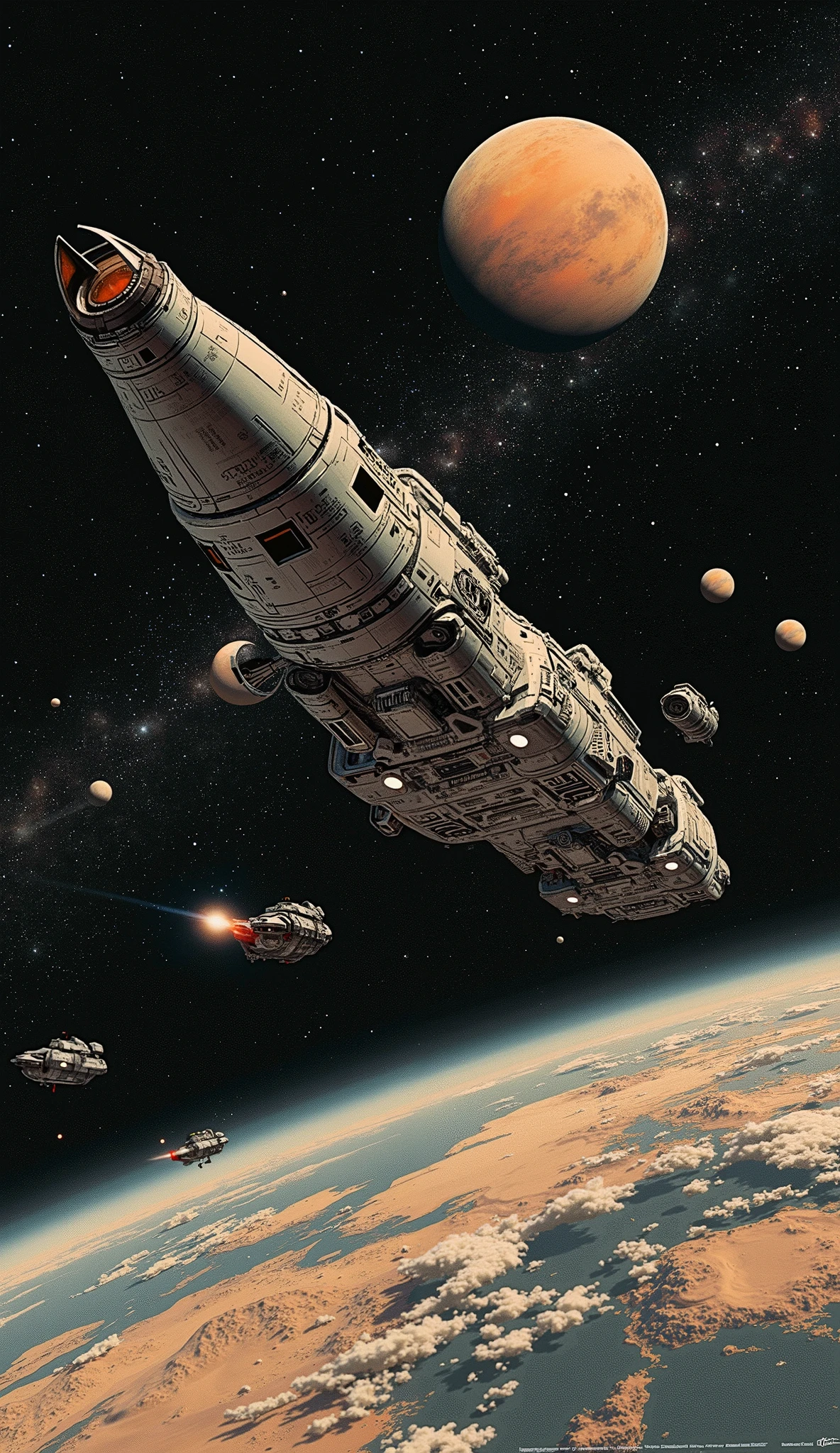 Super-detailed sci-fi illustrations by Angus McKee, A spaceship full of screens、Heavy々like、Expressed by shading、
The atmosphere is like a 1970's sci-fi hand-drawn detailed illustration,
Drake Interstellar, Feeling of Pressure 、Intimidation、Unknown Fields、
A super-giant colonial spaceship like a snail travels through a jet black space with the galaxy in the background、
A battle boat shaped like a wasp is flying around it to guard the colonial spaceship、 galaxy、
hand signed by the artist,1980s science fiction magazines、old pulp magazines、