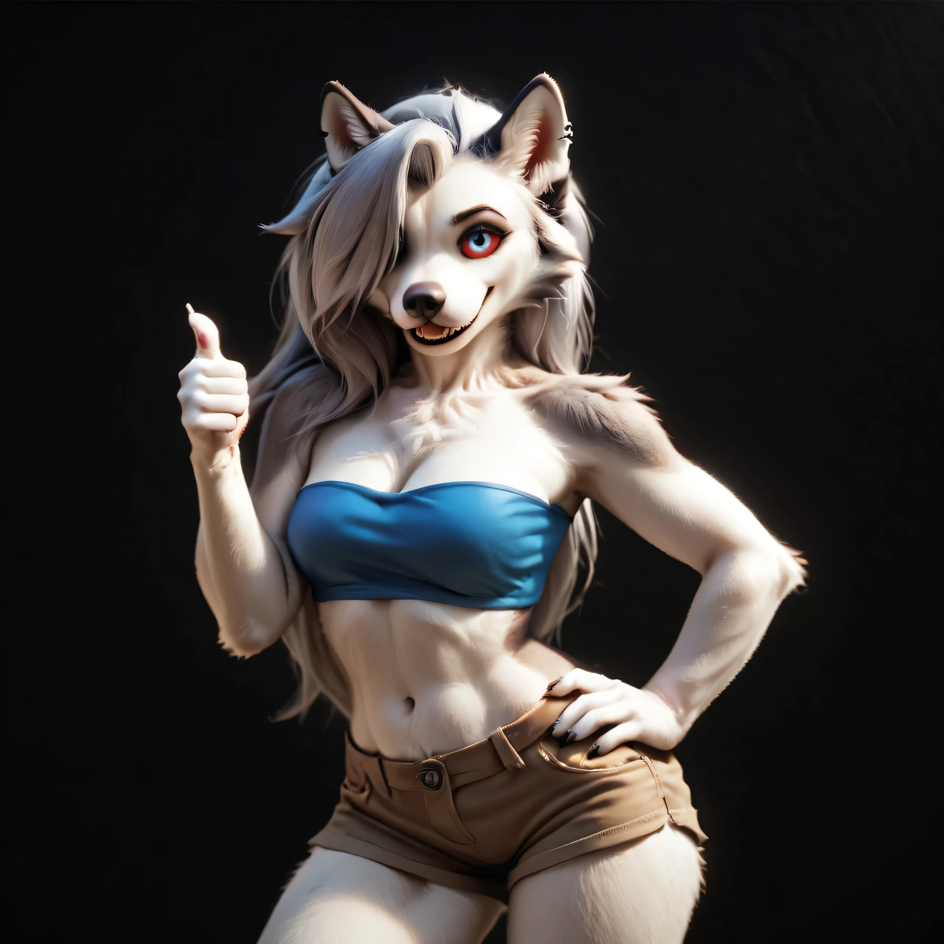 Solo, score_9,score_8_up,score_7_up, source_furry, Loona, furry female, tall body, adult female, hair covering one eye, standing up straight, big happy smile, giving you a thumbs up, other hand on hip, detailed background, wearing blue bandeau, brown short shorts,
