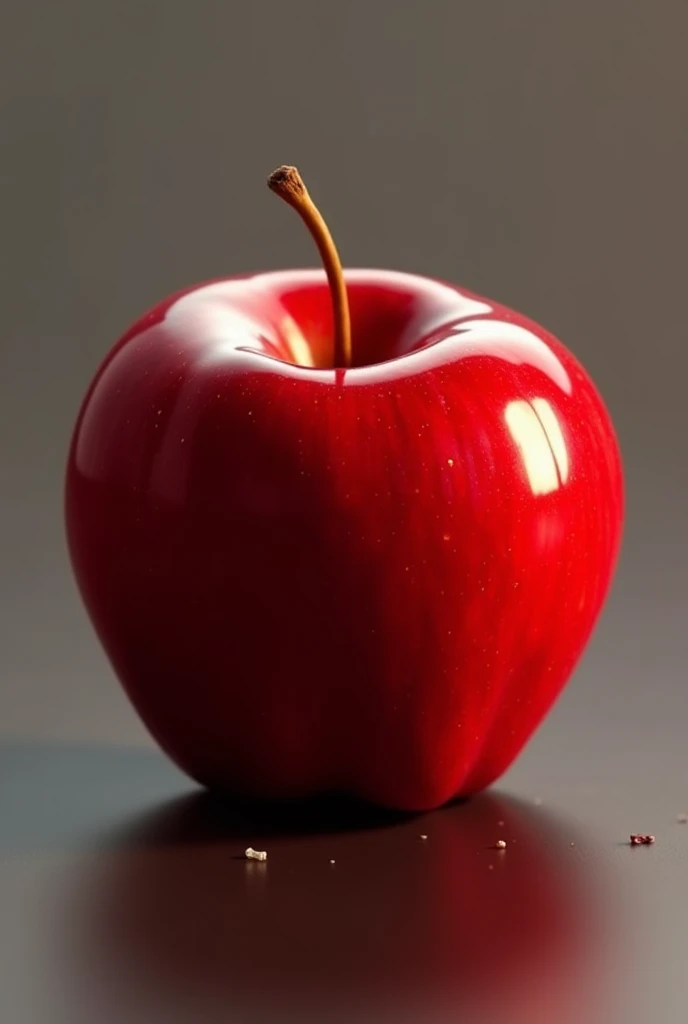 A highly realistic, detailed image of a fresh red apple. The apple should have a glossy surface, with tiny speckles and natural imperfections to make it look lifelike. The background should be simple and neutral, ensuring the apple is the focal point.
