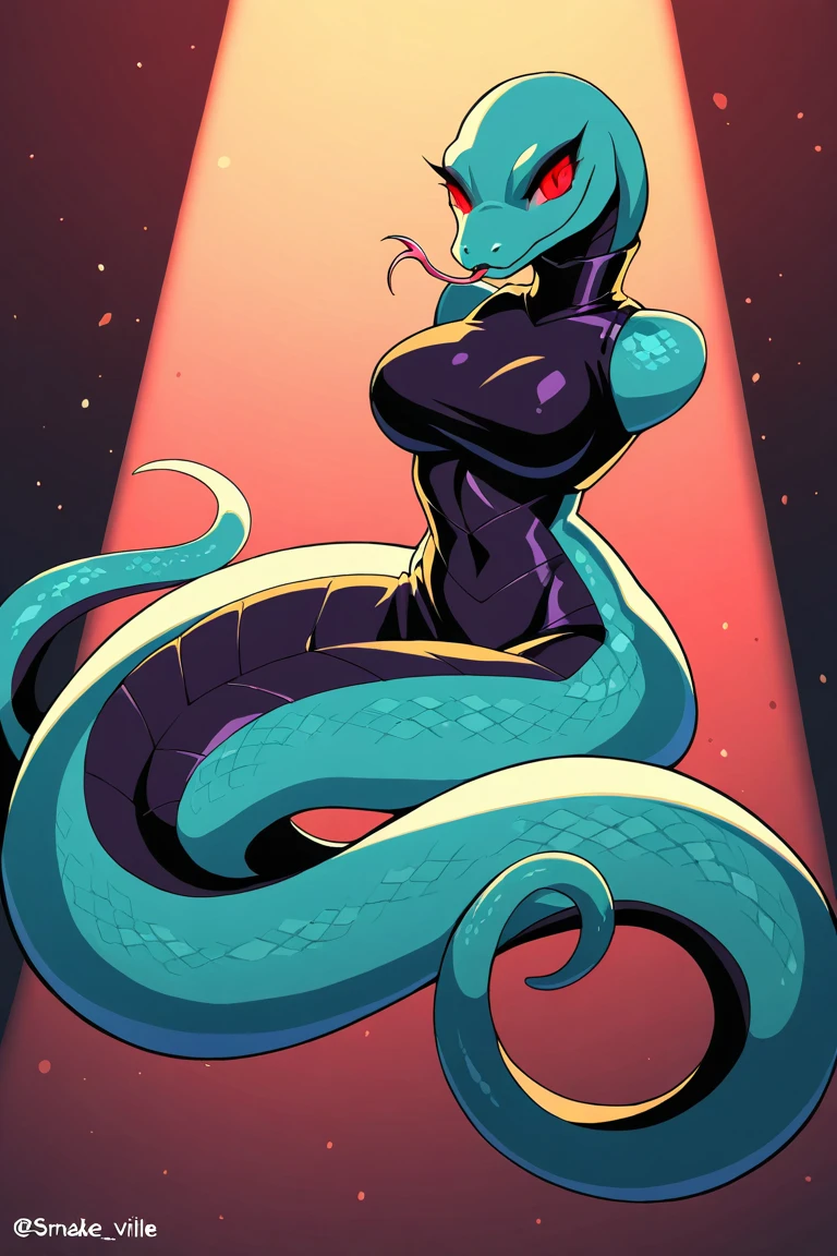 score_9,score_8_up,score_7, source anime, BREAK,1 girl, solo, snek_DP, lamia, purple tiara, red-eyes, red-pupils, slit pupils, black snake hair, purple strap, golden bracelet, purple gem, gather straps, revealing clothes, big large breasts, tissue_strapped breasts, dark purple eyes makeup, dark purple lips, purple glossy skin, forehead jewel, midriff, purple back snake tail with black dot, black nails, sharp fingernails, detailled face, looking at the viewer, evil smile, fangs, night sky, post-apocalypse, crumbling city on background, late night, moon, dark alleyway, detailed face, back, rear back, from behind, ass,